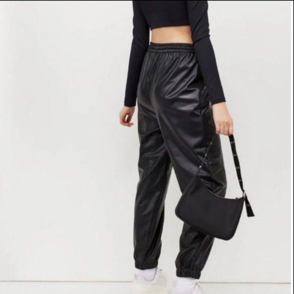 H&M Divided high rise elastic waist faux leather black jogger draw string size 8 - Picture 1 of 13